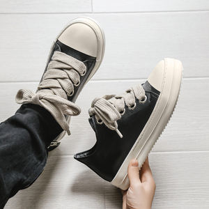 Baskets Décontractées Mixtes <span class=keywords><strong>en</strong></span> <span class=keywords><strong>Cuir</strong></span>, Chaussures Vulcanisées Tendance Étudiant(e)s, Blanc Noir à Lacets - Product Image 4