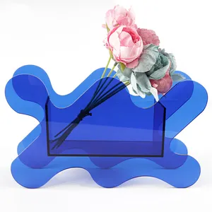 Caja de flores de acrílico, jarrón de mesa azul transparente, jarrón de arte decorativo, caja de flores de almacenamiento irregular