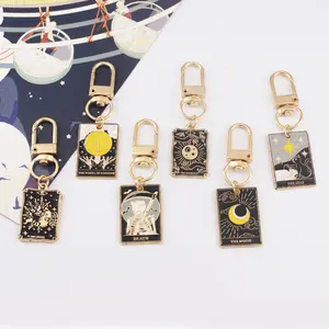 Punk Dark Witch Card Badge Sun Moon Stars Gothic Skeleton KeyChain Astrology Sign Tiny Tarot Cards Keychain