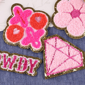 Diamante sorriso viso fiore parola Logo oro ferro Glitter ricamato rosa ciniglia <span class=keywords><strong>patch</strong></span> nuovo Design per gli indumenti - Product Image 3