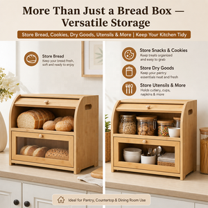 Contenitore per Pane in Bambù Stile Japandi con Finestra <span class=keywords><strong>Trasparente</strong></span>, Grande Scatola per Pane da Bancone con Vassoio Tagliere e Fori di Ventilazione - Product Image 5