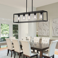 Lustre rectangulaire moderne noir avec abat-jour en verre transparent, luminaires linéaires de style farmhouse pour îlot de cuisine, table de billard, bar