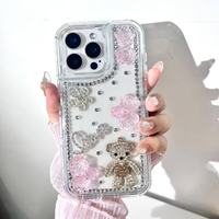 Diamant Lentille Mignon Dessin Animé Ours Téléphone étui pour iphone 16 Pro 15 14 13 12 11 Paillettes 360 Couverture Fundas Para Celular