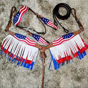 USA Themed Patriotic Printed Leather Horse Tack Set Crystal Conchos Headstall <b>Breast</b> <b>Plate</b> Genuine Leather English Saddle - Product Image 1