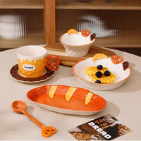 Bol en porcelaine à motifs dessinés à la main sous glaçure, vaisselle à pain, tasse à café en relief avec soucoupe et assiette, compatible micro-ondes