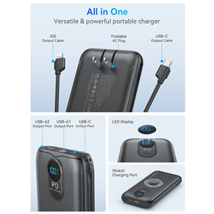 Batterie externe 10000 mAh pliable avec prise secteur intégrée, <span class=keywords><strong>chargeur</strong></span> sans fil pour smartwatch, charge rapide 20W PD, câbles intégrés Type-C, idéal pour les voyages - Product Image 3