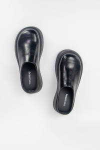 Custom Low MOQ Wholesale Classic Work Thick Heel Rubber Outsole <b>Real</b> Leather Mule Slippers Logo Custom Big Toe <b>Black</b> Leather - Product Image 6