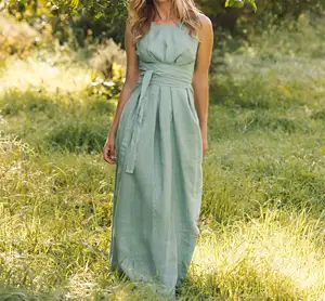 فستان صيفي كاجوال بلا أكمام فستان طويل من الكتان تصميم فرنسي فساتين فضفاضة من القطن والكتان بتصميم أنيق