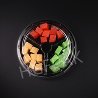 Boîte alimentaire jetable en plastique PET/RPET transparente, écologique, ronde, 160 mm, 3 compartiments, pour fruits, noix, en-cas, salades, à emporter