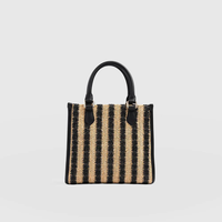 Sac à main en raphia tressé noir et beige à rayures, avec bordure en cuir, design convertible, idéal pour les femmes, les sorties shopping du week-end et les voyages en bord de mer