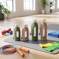 Bouteille d'eau en verre borosilicate avec couvercle en acier inoxydable, manchon en silicone, réutilisable, écologique, avec sangle de transport, pour la salle de sport