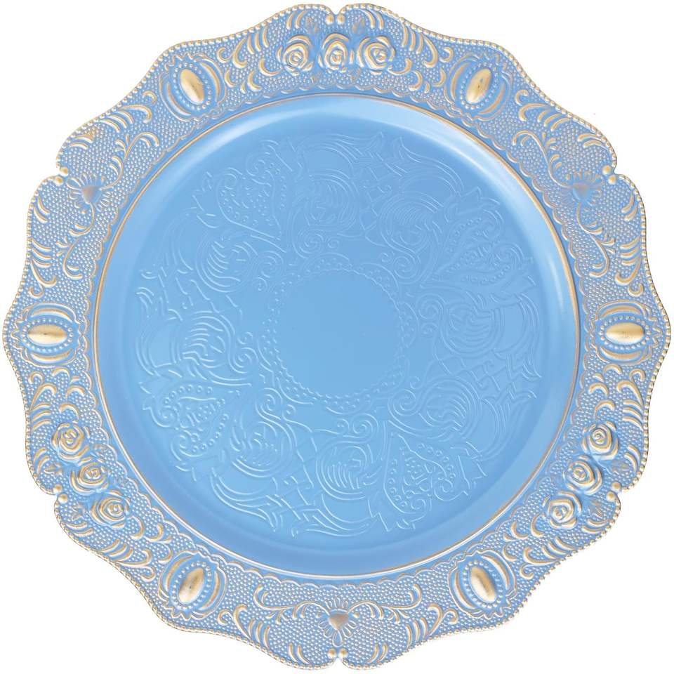 Pvc 2 Inch Solid 13 Inch Blue Plastic Charger Plate Round Engraved Floral Serving Dish ...