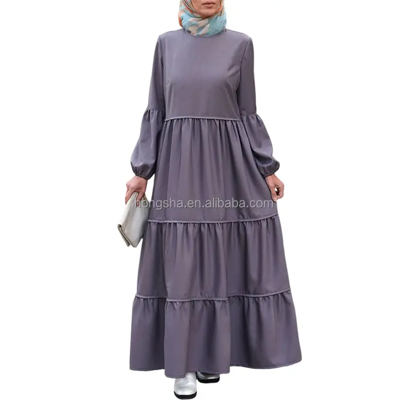 Muslim Women Dress Abaya Islamic Clothing Round Neck 3 Tiered Long Dress Long Sleeve Maxi Dress For Muslim Women HSI9137