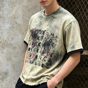 T-shirt Homme Personnalisé en Coton Épais Effet Vieilli Streetwear Imprimé Graphique Déchiré Coupe Courte Boxy Vintage Délavé à l'Acide - Product Image 2