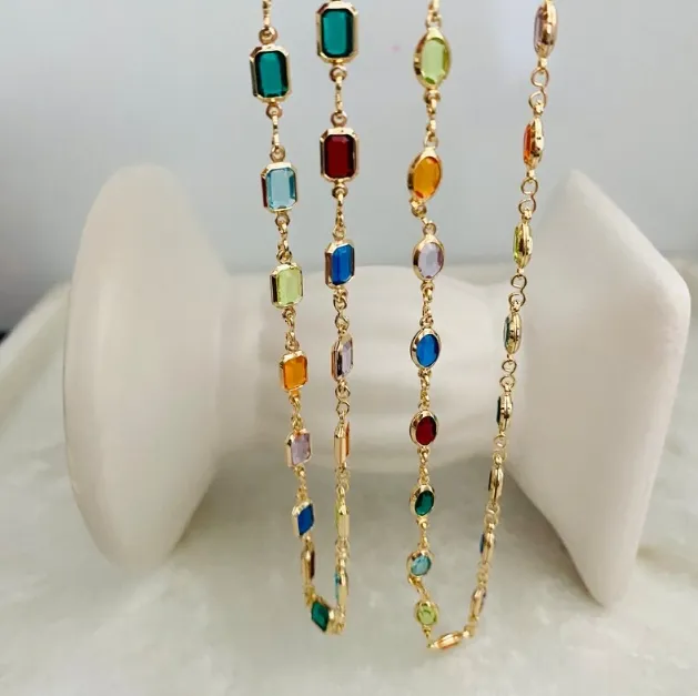 New Trend Wholesale Multicolor Gemstone Necklace Gold Plated Brass High Polished Dainty Layering Choker