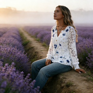 Blusa Casual de Joyinspring para Mujer, Talla Grande, Cuello en V, Manga Larga, Estampado Floral, con Botones y Encaje, para Primavera, Verano y Otoño - Product Image 4