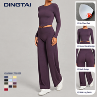 Ensemble de yoga pour femme à col rond et jambes larges, manches longues, sans rembourrage, dos en V, 2 pièces, couleur unie, anti-humidité, coupe ajustée, hiver