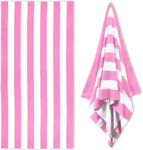Low MOQ Large Oversized Beach Towel 32 x 64 Inch Plush Custom Microfiber Pool Towel, Pink Striped Quick Dry Cabana Swim Towel