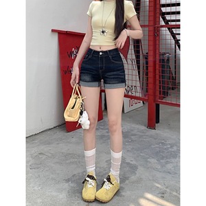 Pantalones cortos de mezclilla azul oscuro americano ajustado para mujer de estilo informal de cintura media de verano 2025 - Product Image 1