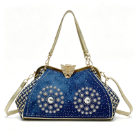 Sac à main en jean bleu de luxe abordable avec fermoir papillon scintillant en strass et bandoulière amovible, sac bandoulière