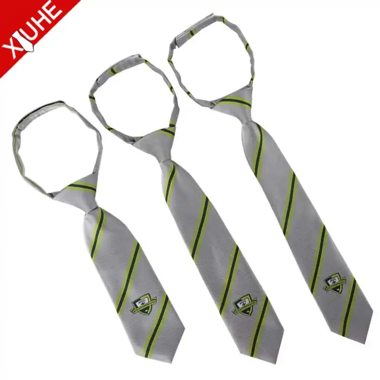 Fascette con cerniera OEM ODM a righe grigio Logo personalizzato cravatta Homme cerniera tessuta cravatte in poliestere personalizzate per uomo