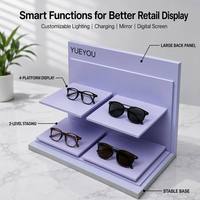 Présentoir à lunettes pliable en acrylique à deux niveaux, couleur lavande, avec 4 plateformes, grand panneau arrière et base stable, pour comptoir optique