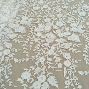 高品質3Dフラワービーズ付きフレンチチュールレース生地、エレガントな刺繍入りイブニングガウン、ウェディングドレスアクセサリー、新作 - Product Image 4