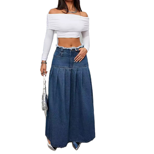 Jupe longue plissée en jean pour femme, couleur unie, taille haute, coupe ajustée, style décontracté printemps-été, délavage clair, coton écologique - Product Image 1