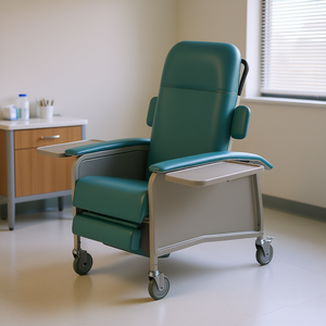 Fauteuil inclinable d'hôpital avec plateaux, 4 roues, inclinaison manuelle, coussin en mousse en cuir PU, dossier solide, design contemporain - Product Image 2