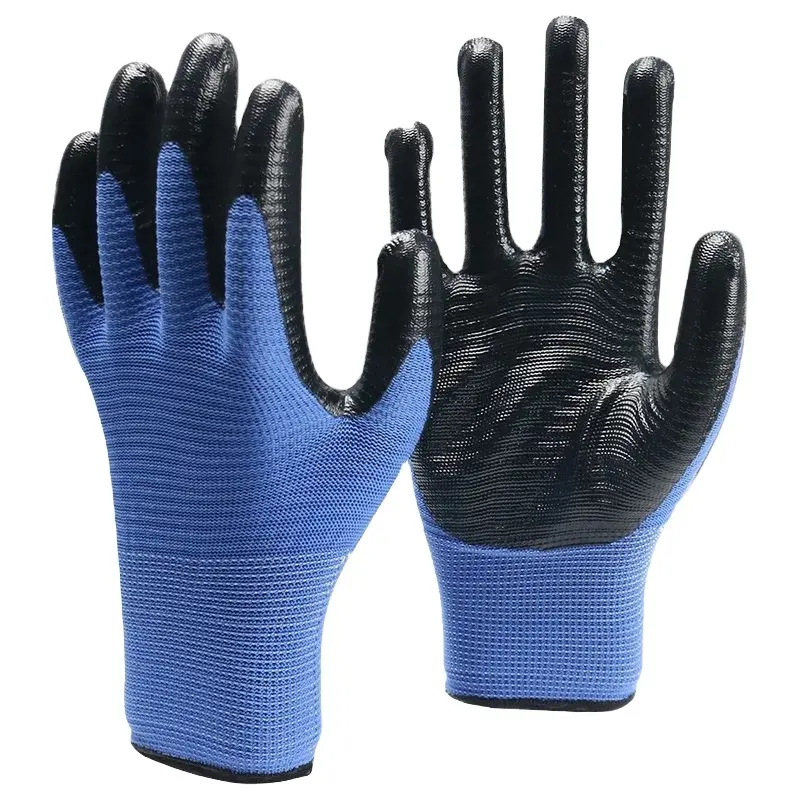 Gants lisses de jardin de travail résistants à l'huile et à l'usure enduits de nitrile imprimés de zèbre bleu gants de jardin de sécurité