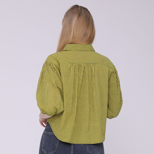 Blus dan atasan kemeja kotak-kotak warna kuning, baju wanita musim panas kancing hitam - Product Image 4