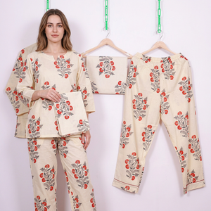 Ensemble de pyjama en coton imprimé numérique indien, col en V, motif floral assorti, chemise et pantalon, luxe estival - Product Image 1