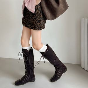 Botas Largas de Mujer, Estilo Coreano, de Piel Mate, con Punta Cuadrada, con Cordones, Tacón Plano Grueso Clásico, Estilo Retro Casual - Product Image 3