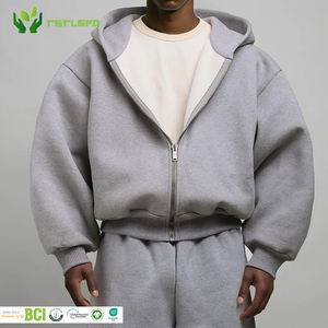 Sweat à capuche double couche confortable gris à fermeture éclair brodé en coton biologique 100% pour homme, surdimensionné et lourd pour l'hiver, durable - Product Image 1