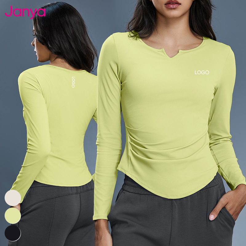 Janya High Elastic Sportswear Tops Breathable Gym Fitness T-shirt Slim Fit Fixed Pads Ribbed Long Sleeve Yoga Shirt for Women