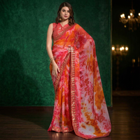 Magnífico Sari de Chifón Rosa con Estampado Digital para Mujer, Incluye Blusa con Lentejuelas y Bordado con Hilo, Ideal para Bodas y Fiestas