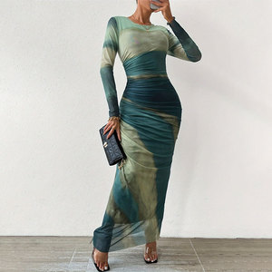 Vestido Largo de Malla Tie Dye Sostenible en Varios Colores para Mujer, Elegante, Cuello Redondo, Manga Larga, Ajustado, para Fiesta, con Decoración Drapeada, Lavable - Product Image 1