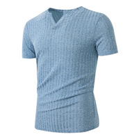 T-shirt côtelé à manches courtes pour homme, col en V, coupe classique, extensible, doux, respirant, 100 % coton 300g, séchage rapide, décontracté, hauts d'été
