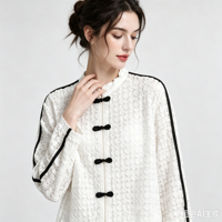 Ensemble deux pièces en dentelle blanche pour femmes, veste à col mandarin, pantalon à jambes larges, ensemble assorti, vêtements décontractés à la mode