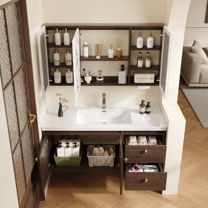 Meuble de salle de bain moderne avec vasque intégrée en céramique et tiroir en bois massif noyer - Product Image 3