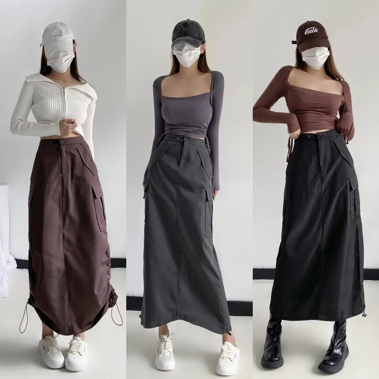 Luluxixiyaya Street Y2K Half Dress Long 3D Pocket Cargo Adjustable Waist XS Woven Nylon Skirts for Girls