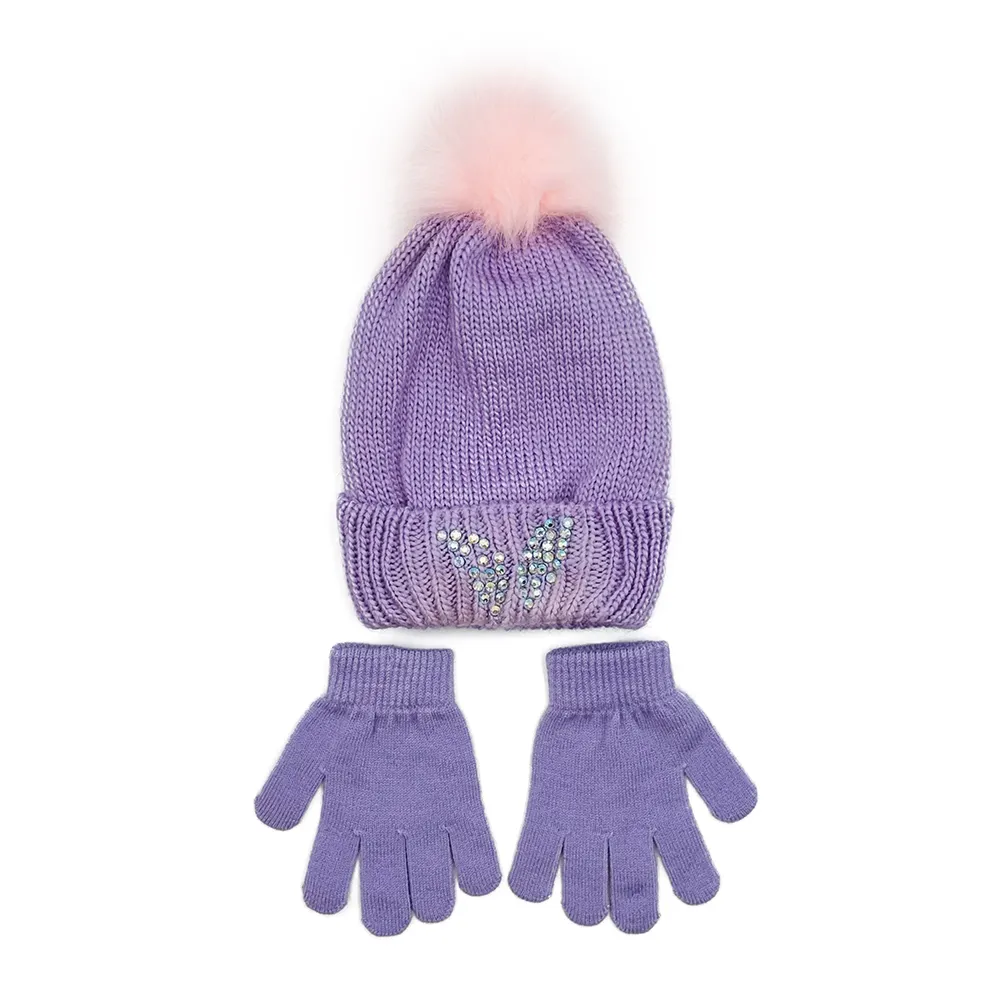 Set di guanti per cappelli in maglia con pompon viola carino con risvolto all'aperto personalizzato OEM per bambini