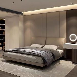 Leather <b>Bed</b> Modern Minimalist Master Bedroom <b>Bed</b> With Storage Space Genuine Leather Frosted Finish Low Box Design - Product Image 3