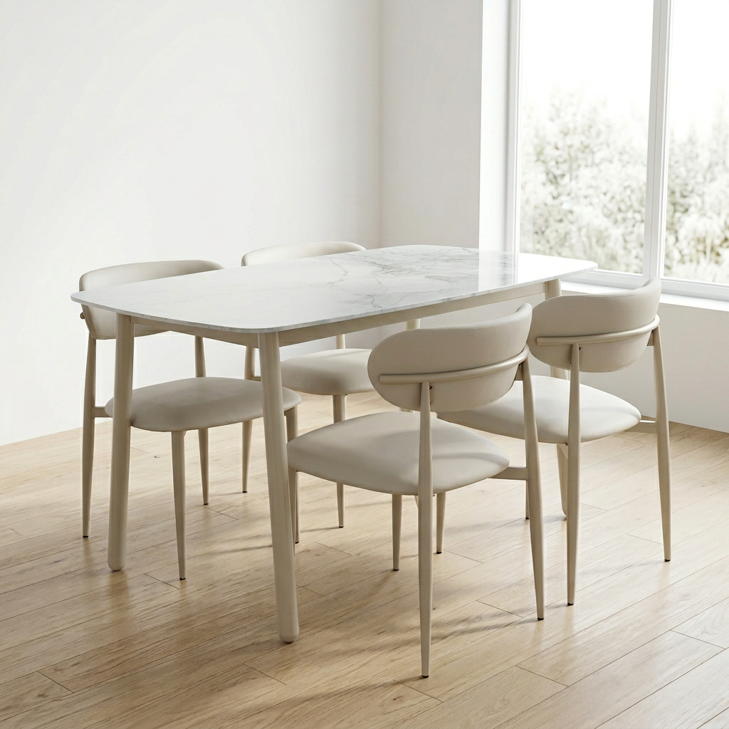 Modern European White 5-Piece Dining Set – Stone Top Table & PU Wood Chairs - View 4