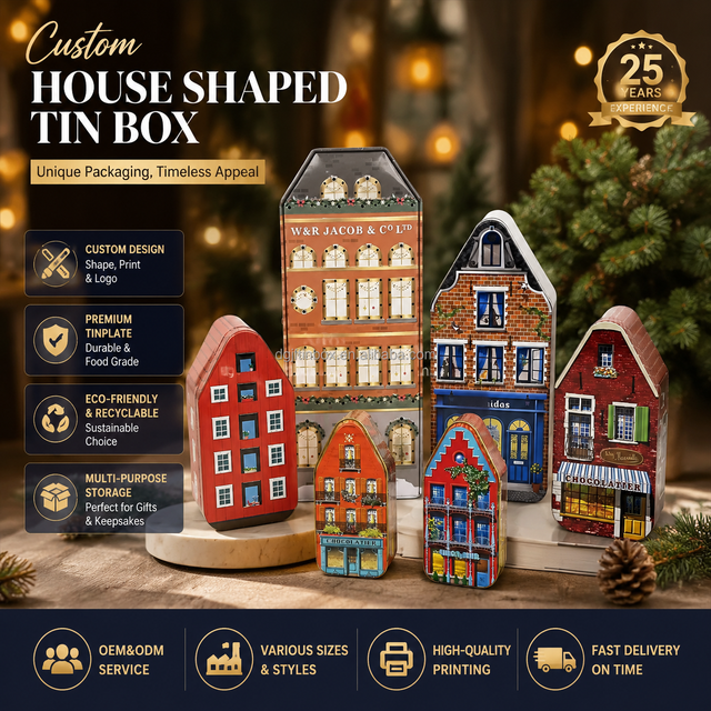Dongguan High Quality House Shaped Tin Christmas Decorative Gift Tin Box Can