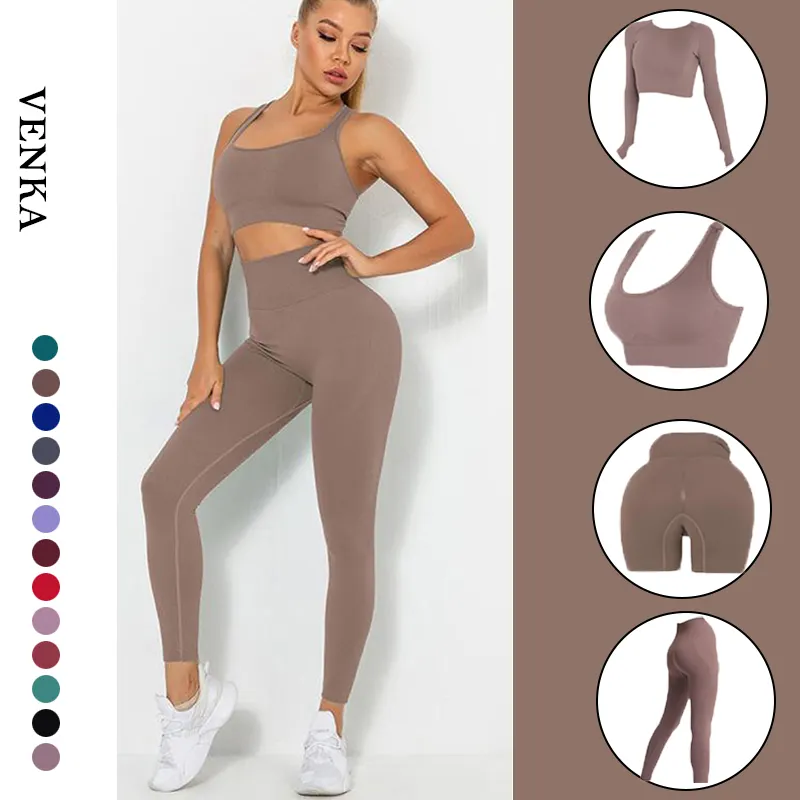 Breathable Sportswear Seamless Sports Running Fitness Shorts Pants Long Sleeve Bra Vest 4 Pieces Yoga Wear Set Women