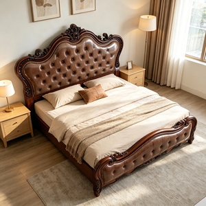 Victorian King Size Leather Upholstered Bed with Tufted Headboard and Carved Wood Frame - Product Image 3