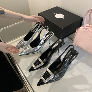 Escarpins à talon aiguille pour femme 2023, bout carré, talon haut, boucle carrée, élégants, pour soirée, mules plates, chaussures de mariée - Product Image 1