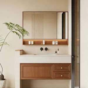 Meuble-lavabo mural moderne Balom à vasque unique avec miroir LED, finition imitation bois écologique - Product Image 4