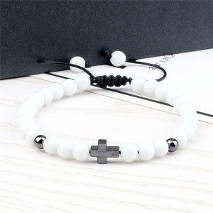 Grosir murah 6MM Semi berharga tali peregangan perhiasan pirus manik-manik Kristen buatan tangan dapat disesuaikan gelang Salib Pria - Product Image 3